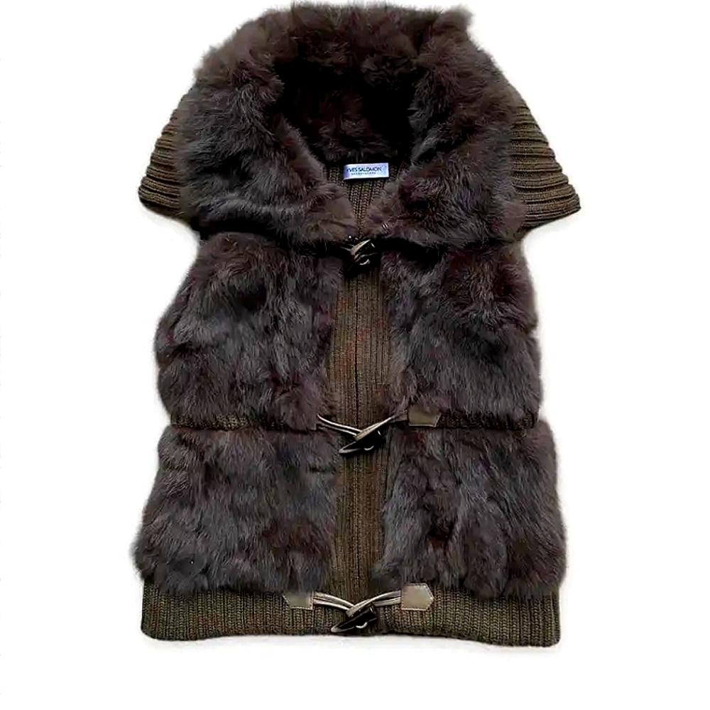 YVES SALOMON. Brown Rabbit Fur Vest French 36 USA size 6 Sm. Silk lining. NEW